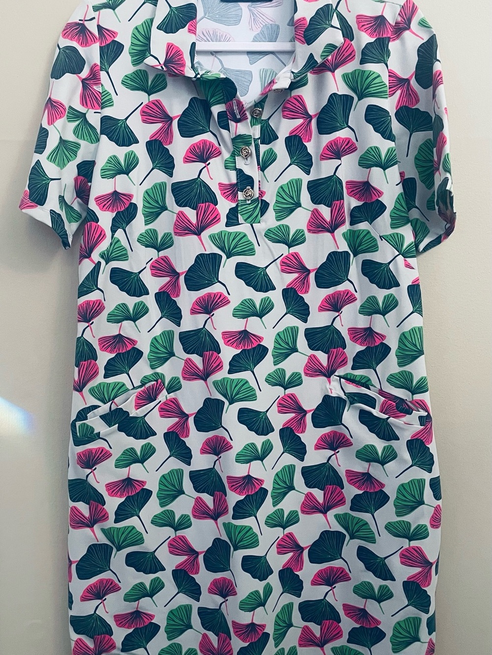 Katherine Way Austin White Polo Dress with Pink & Green Gingko Print